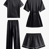 Juliette | 4-Piece Solid Satin Pajama Mid-Sleeve Robe Set