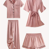 Juliette | 4-Piece Solid Satin Pajama Mid-Sleeve Robe Set