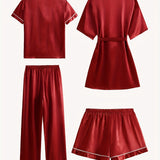 Juliette | 4-Piece Solid Satin Pajama Mid-Sleeve Robe Set