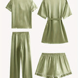 Juliette | 4-Piece Solid Satin Pajama Mid-Sleeve Robe Set