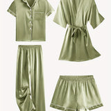 Juliette | 4-Piece Solid Satin Pajama Mid-Sleeve Robe Set
