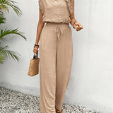 Zella™ Elegant Two-Piece Set | Lace-Trimmed Top and Wide-Leg Trousers