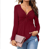 Emma | Casual V-Neck Front Knotted Blouse with Long Sleeves