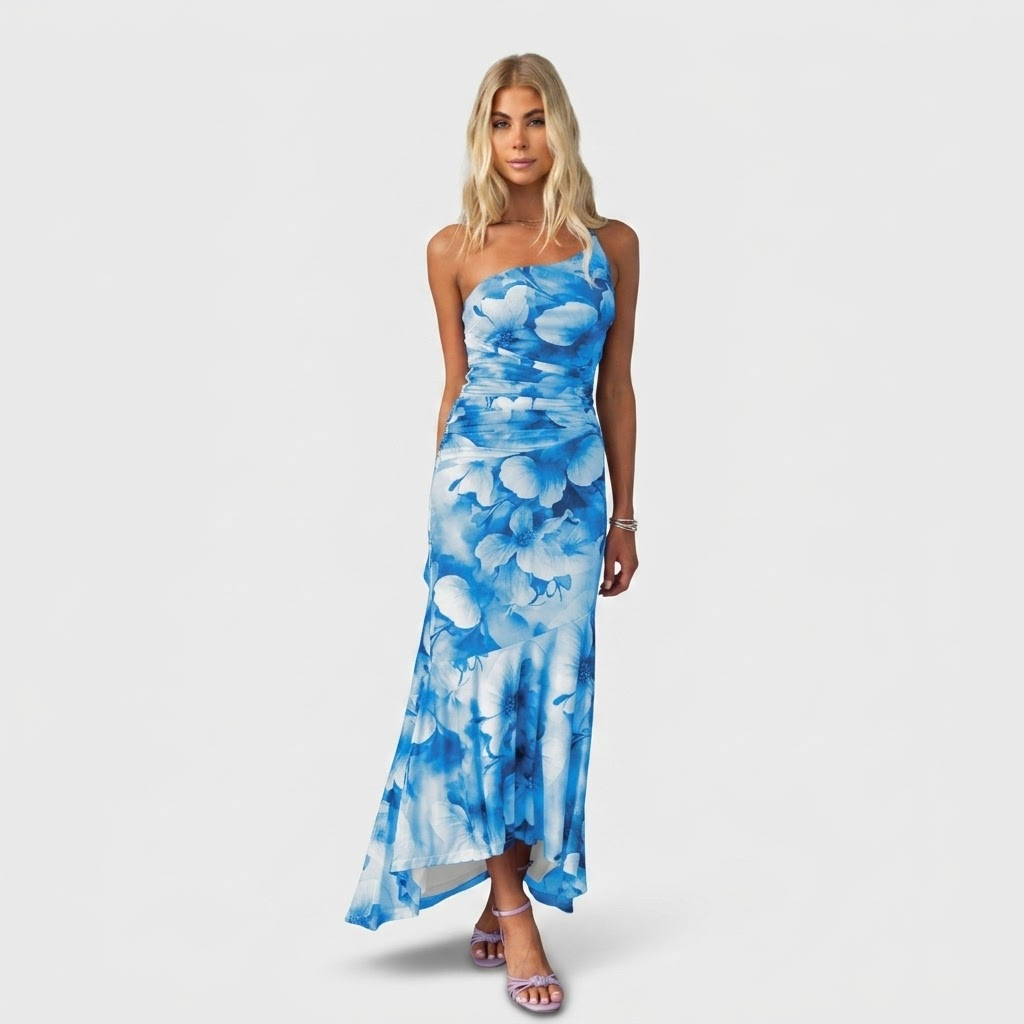 Blanche | Robe longue plissée à une épaule