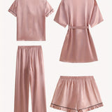 Juliette | 4-Piece Solid Satin Pajama Mid-Sleeve Robe Set