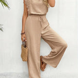 Zella™ Elegant Two-Piece Set | Lace-Trimmed Top and Wide-Leg Trousers